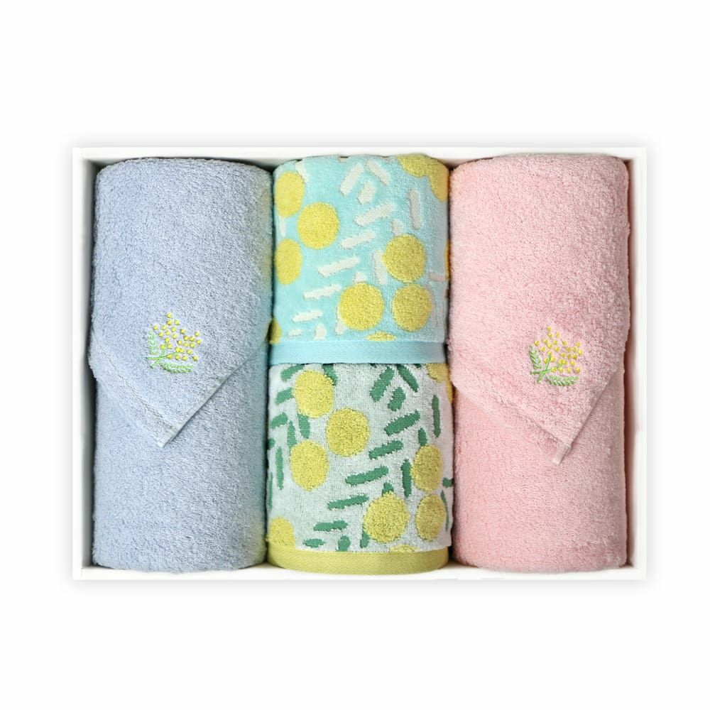 オリジナルmimosa刺繍入り『IORINO/やさしさ』スリムバスタオル(BL・PK)『mimosa/ミモザ』フェイスタオル(BL・WH)4枚組ギフトセット